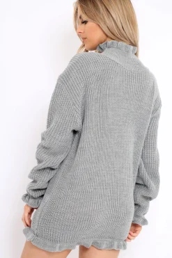 Rebellious Fashion Grey Knitted Ruffle Jumper Dress with Elasticated hems - Velma