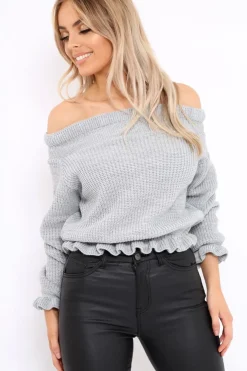 Rebellious Fashion Grey Knitted Ruffle Jumper with Elasticated hems - Eve