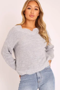 Rebellious Fashion Grey Knitted Scallop Edge Plunge Neckline Jumper - Lylia