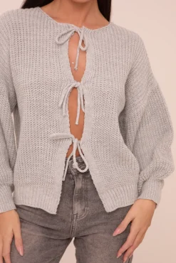 Rebellious Fashion Grey Knit Tie Front Detail Long Sleeves Cardigan - Ava