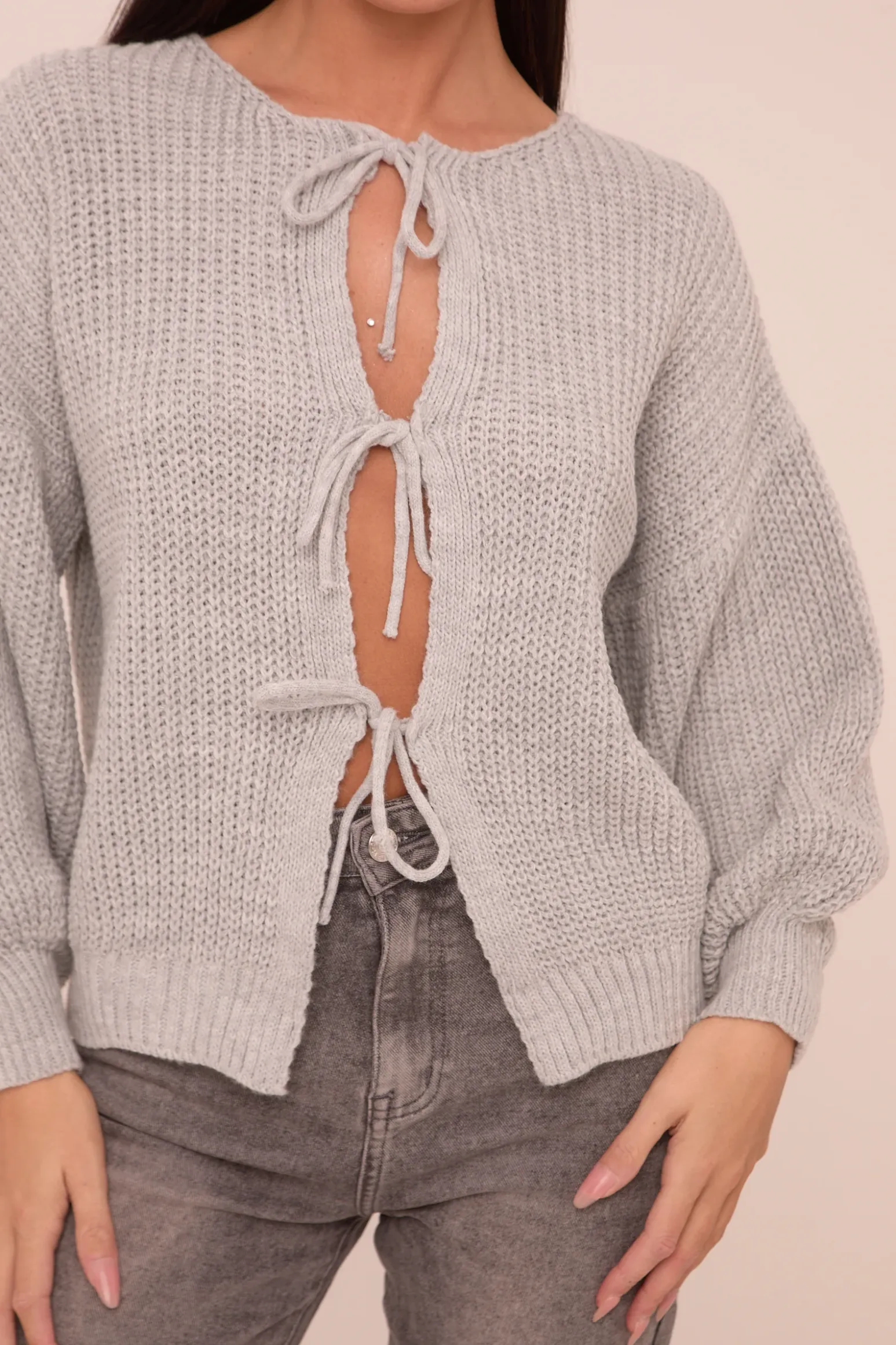 Rebellious Fashion Grey Knit Tie Front Detail Long Sleeves Cardigan - Ava