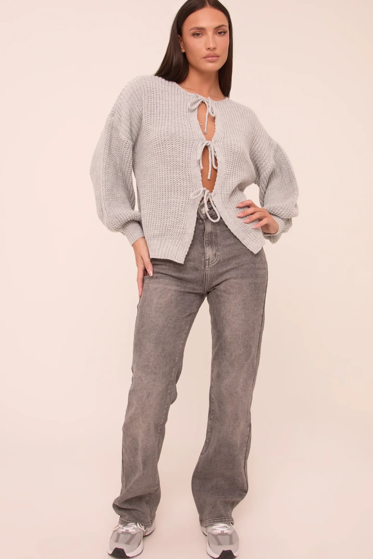 Rebellious Fashion Grey Knit Tie Front Detail Long Sleeves Cardigan - Ava