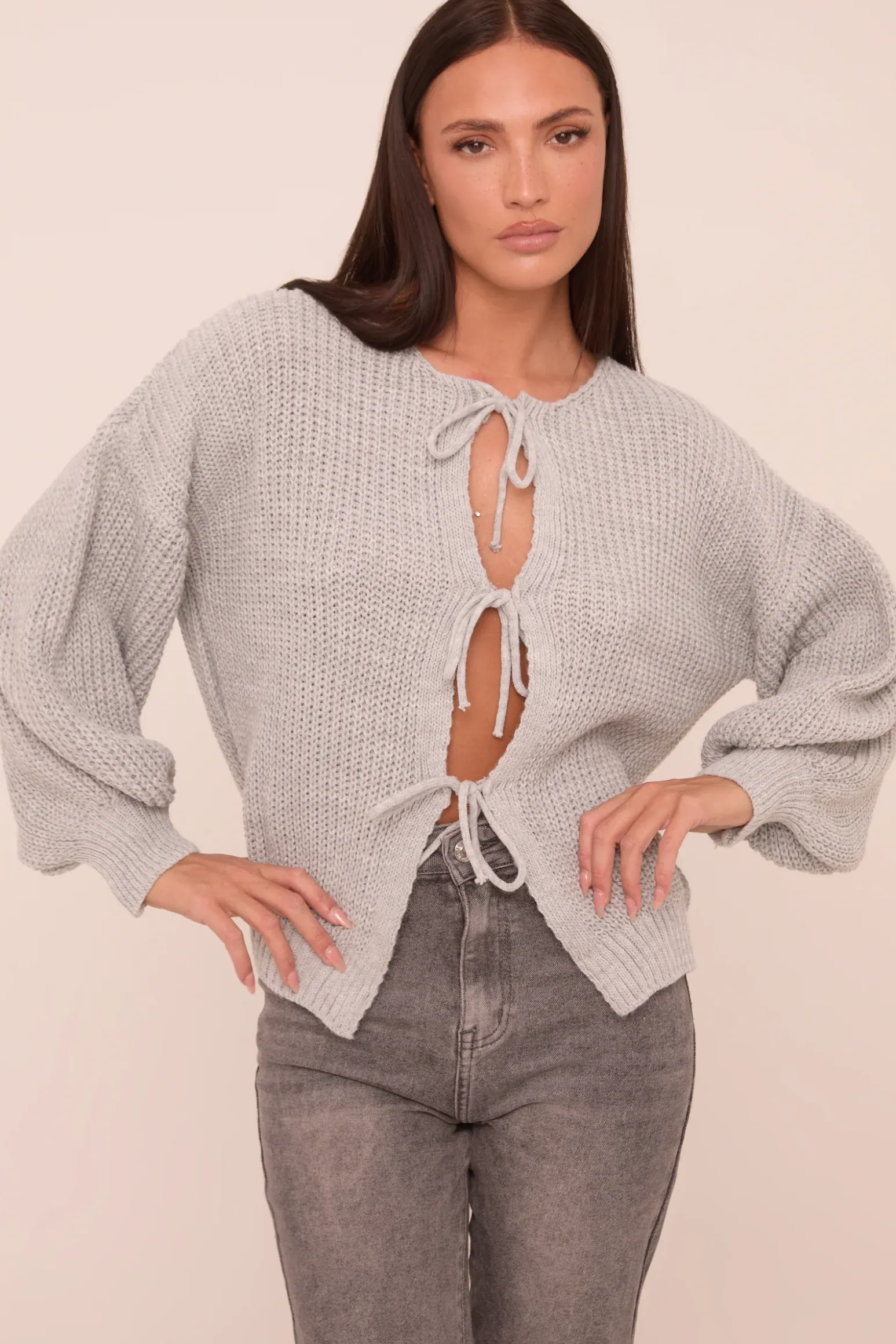 Rebellious Fashion Grey Knit Tie Front Detail Long Sleeves Cardigan - Ava