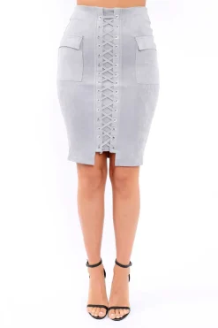 Rebellious Fashion Grey Lace Up Front Faux Suede Midi Skirt - Cacia