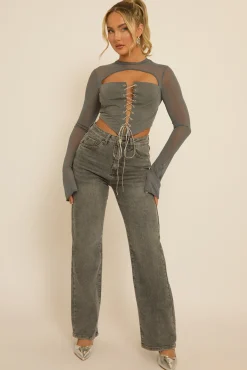 Rebellious Fashion Grey Lace Up Mesh Sleeve Corset Top - Lavya