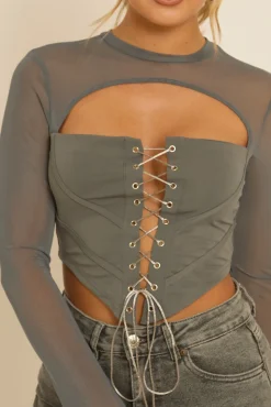Rebellious Fashion Grey Lace Up Mesh Sleeve Corset Top - Lavya