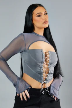 Rebellious Fashion Grey Lace Up Mesh Sleeve Corset Top - Lavya