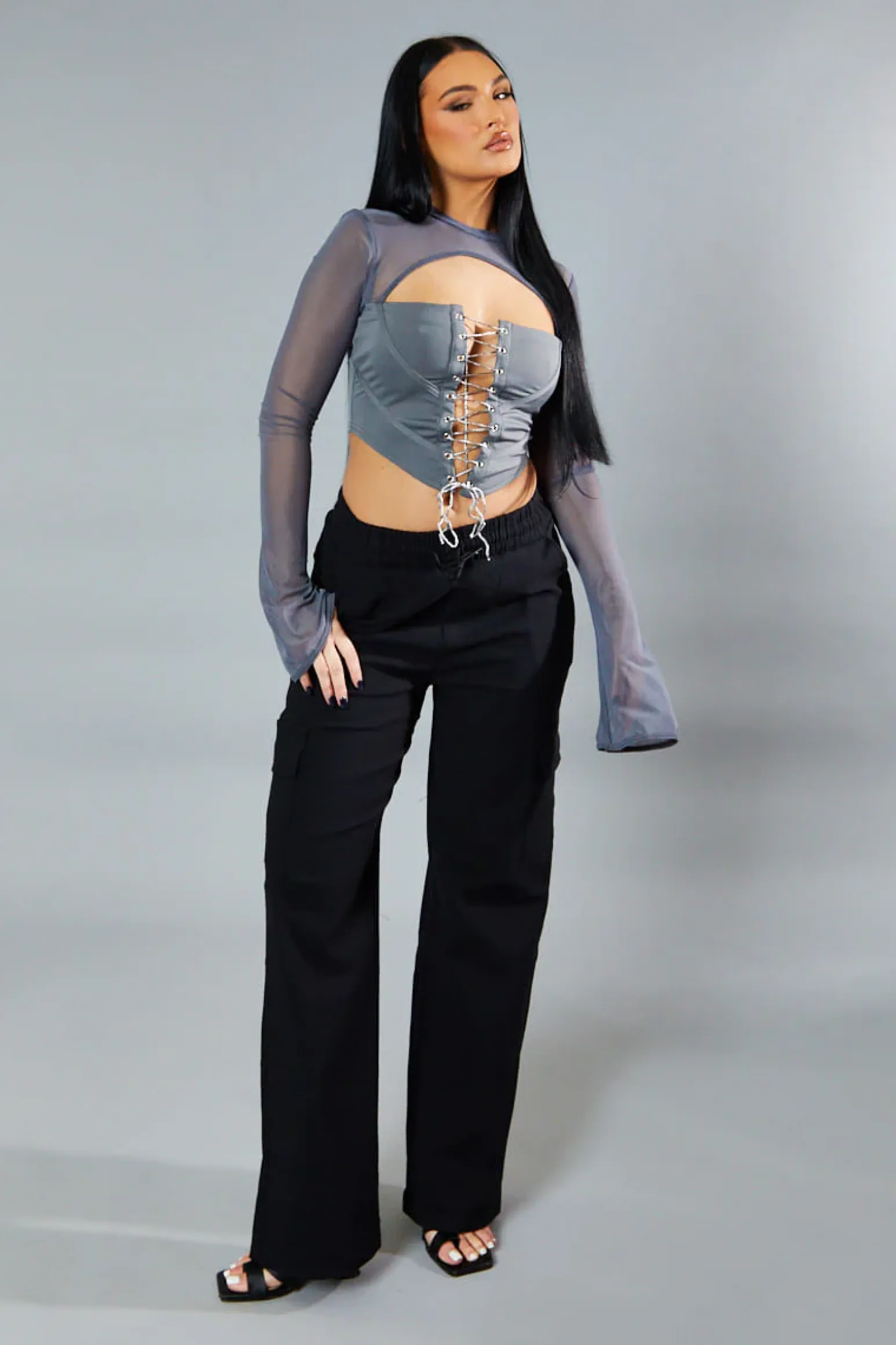 Rebellious Fashion Grey Lace Up Mesh Sleeve Corset Top - Lavya