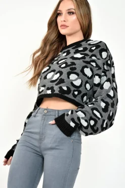 Rebellious Fashion Grey Leopard Crop Batwing Jumper - Raigen