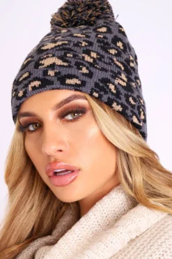 Rebellious Fashion Grey Leopard Knit Pom Pom Hat - Kela