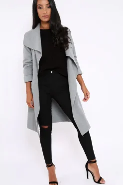 Rebellious Fashion Grey Long Length Waterfall Belted Coat - Cindy