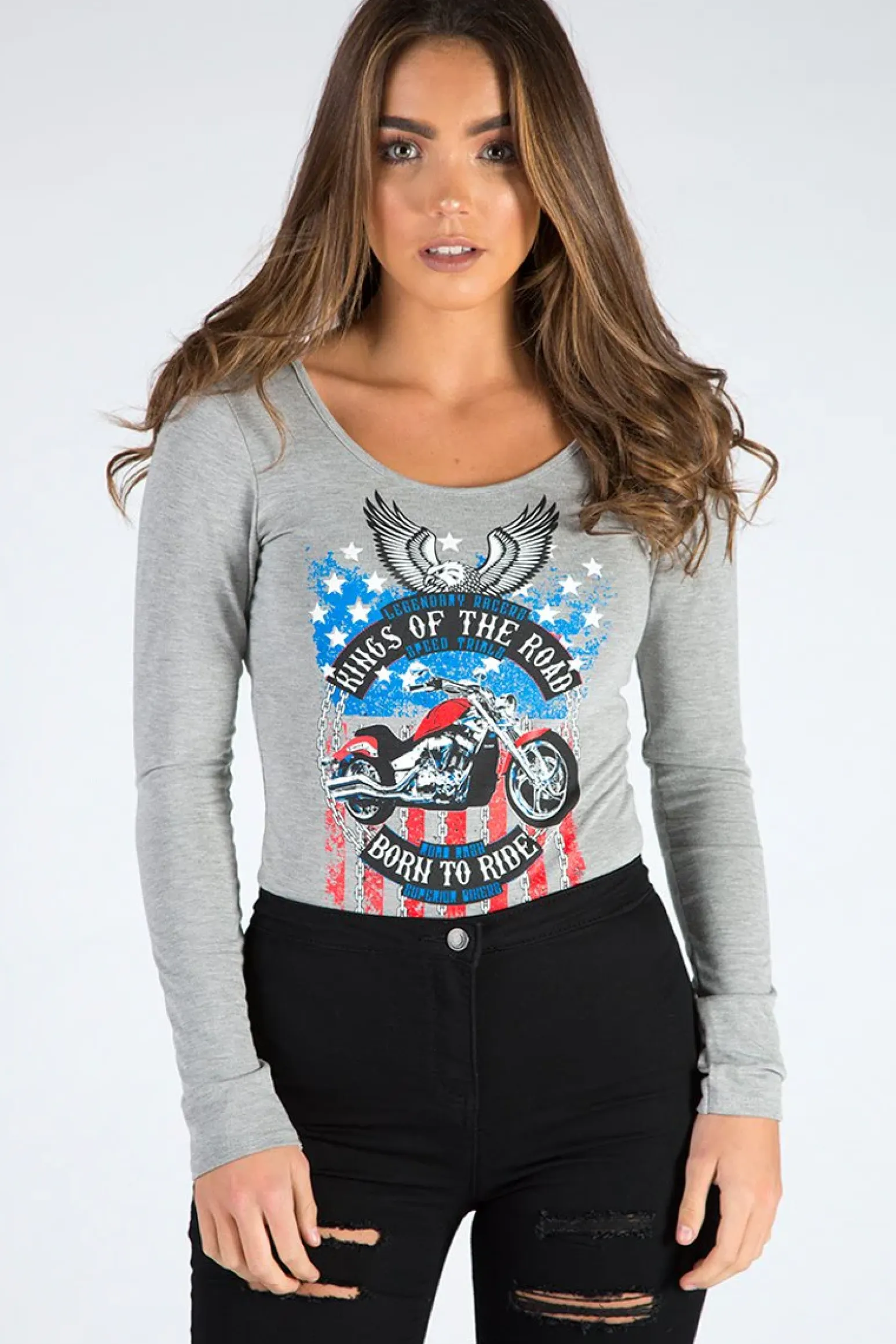 Rebellious Fashion Grey Long Sleeved Graphic Print Bodysuit - Sofia
