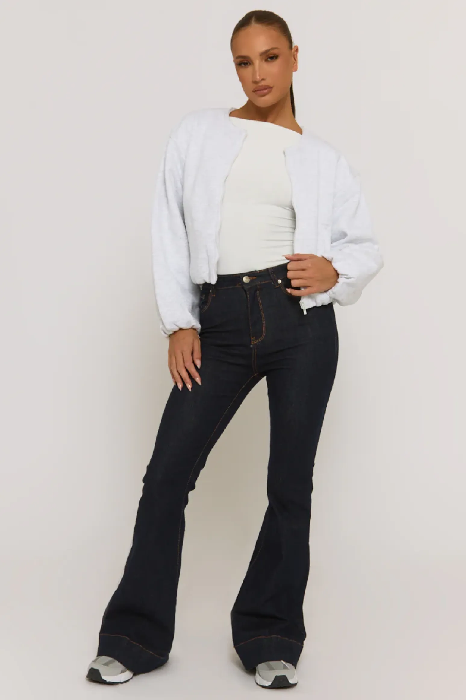 Rebellious Fashion Grey Marl Collarless Lightweight Bomber Jacket - Averil