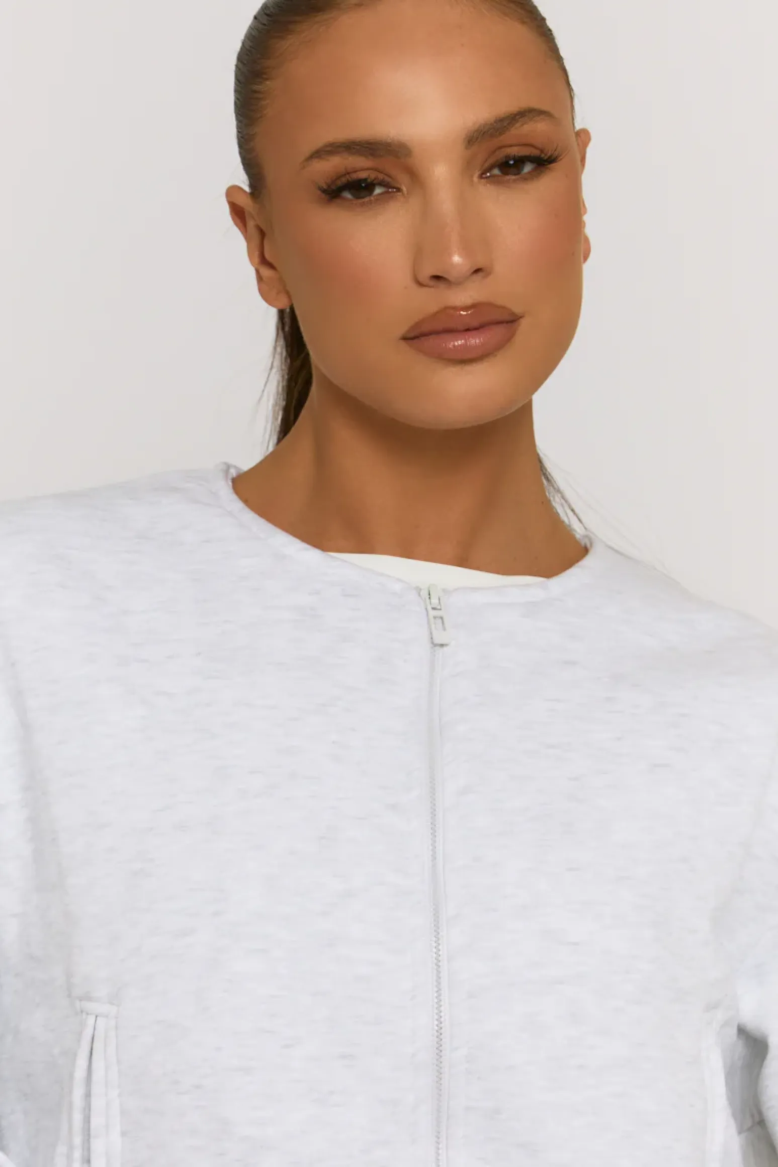 Rebellious Fashion Grey Marl Collarless Lightweight Bomber Jacket - Averil
