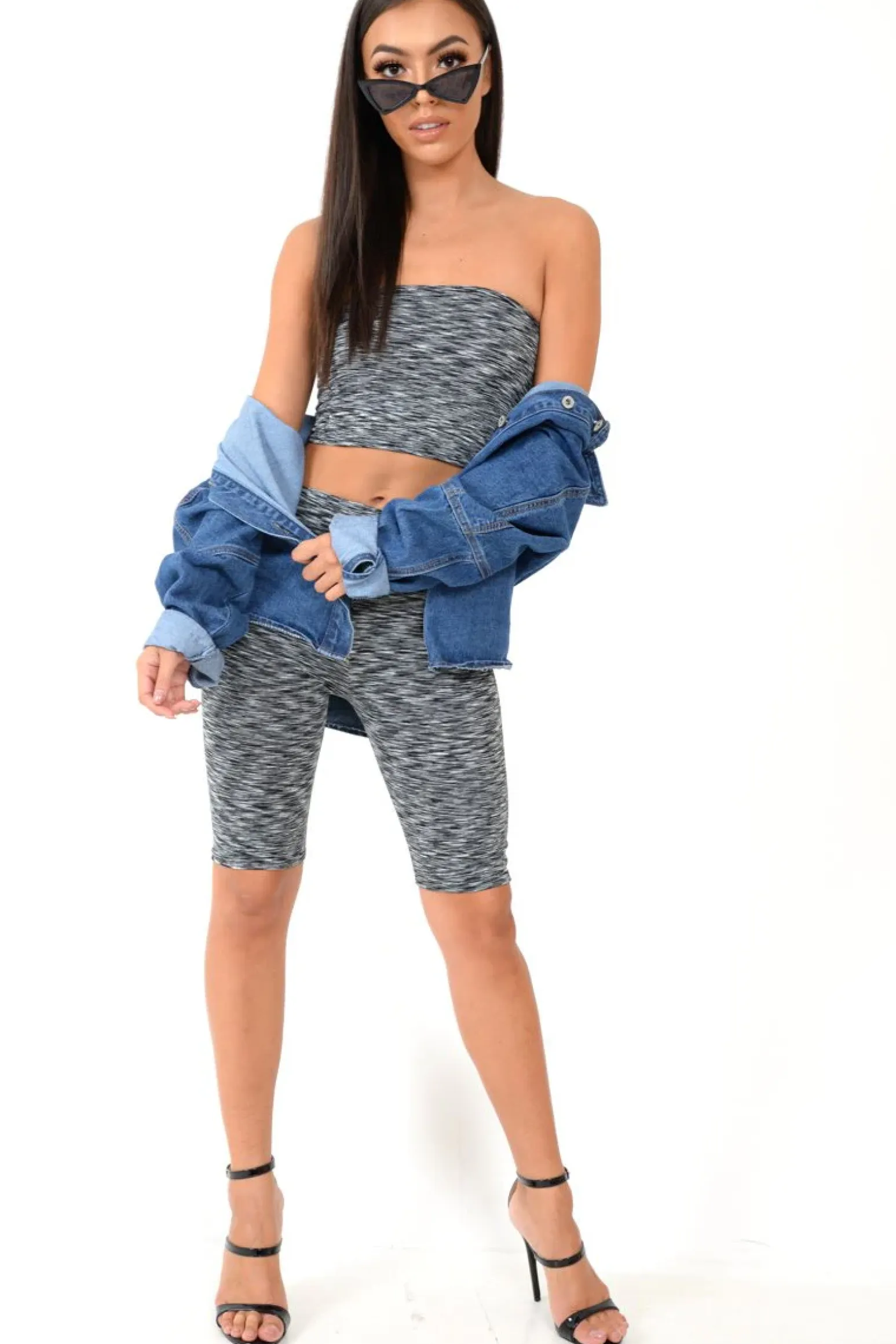 Rebellious Fashion Grey Marl Cycling Shorts And Bandeau Co-Ord - Miakoda