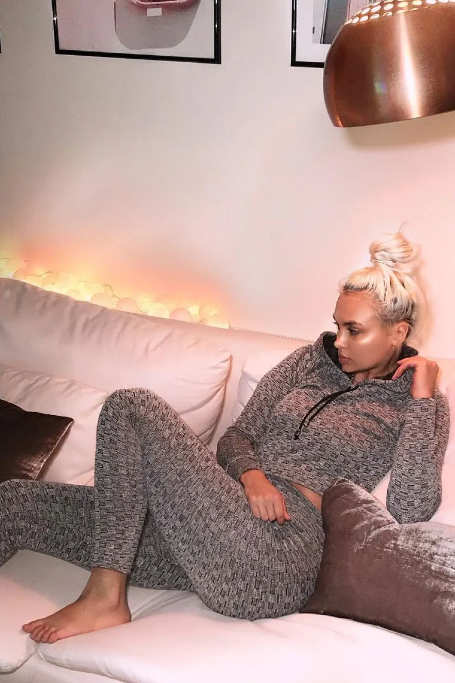 Rebellious Fashion Grey Marl Hooded Loungewear Set - Olevia