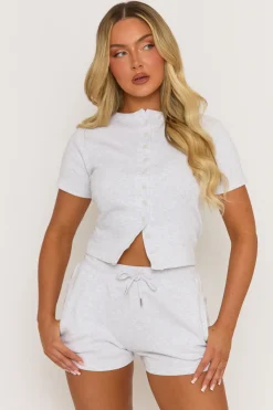 Rebellious Fashion Grey Marl Rib Button Front Top and Short Co-ord Set - Dua