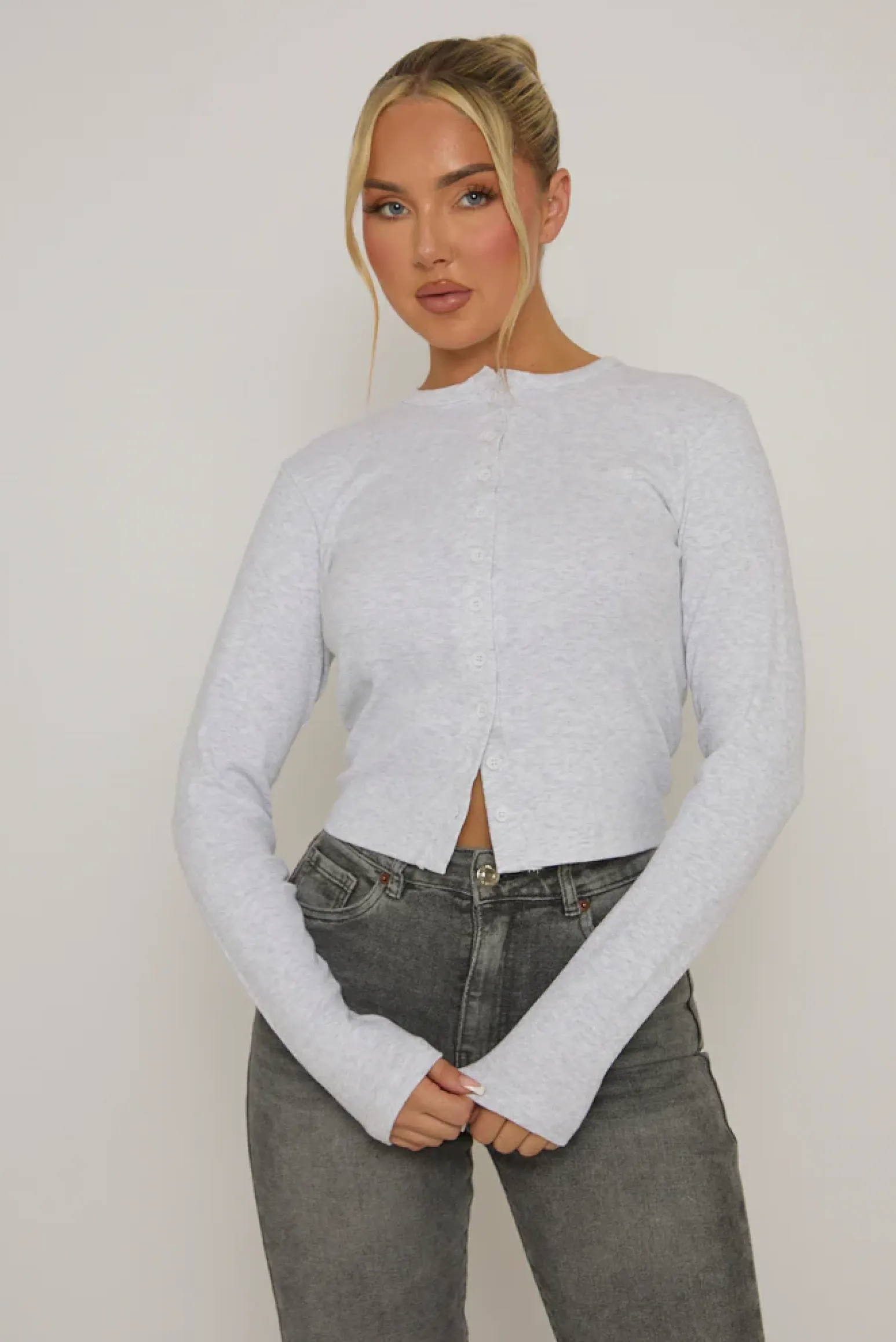 Rebellious Fashion Grey Marl Rib Button Front Top - Helena