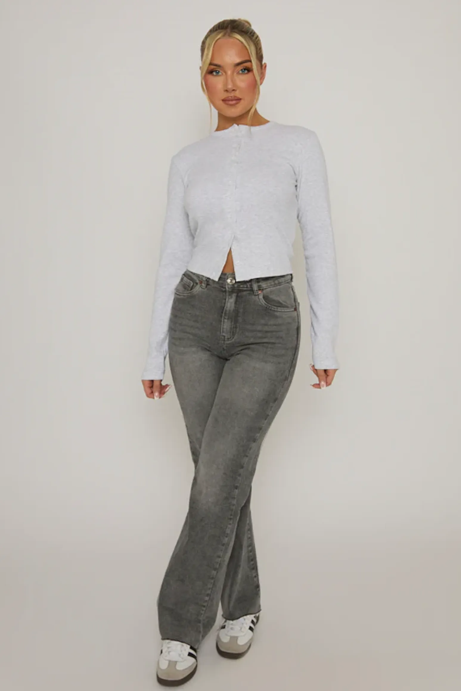 Rebellious Fashion Grey Marl Rib Button Front Top - Helena