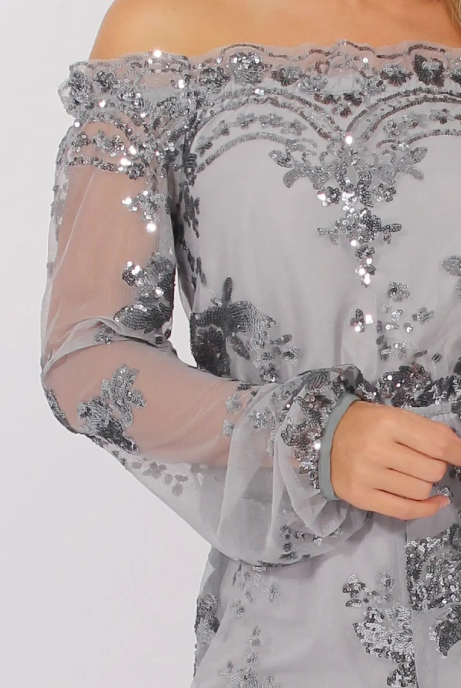 Rebellious Fashion Grey Mesh Layer Sequin Bardot Playsuit - Leonie