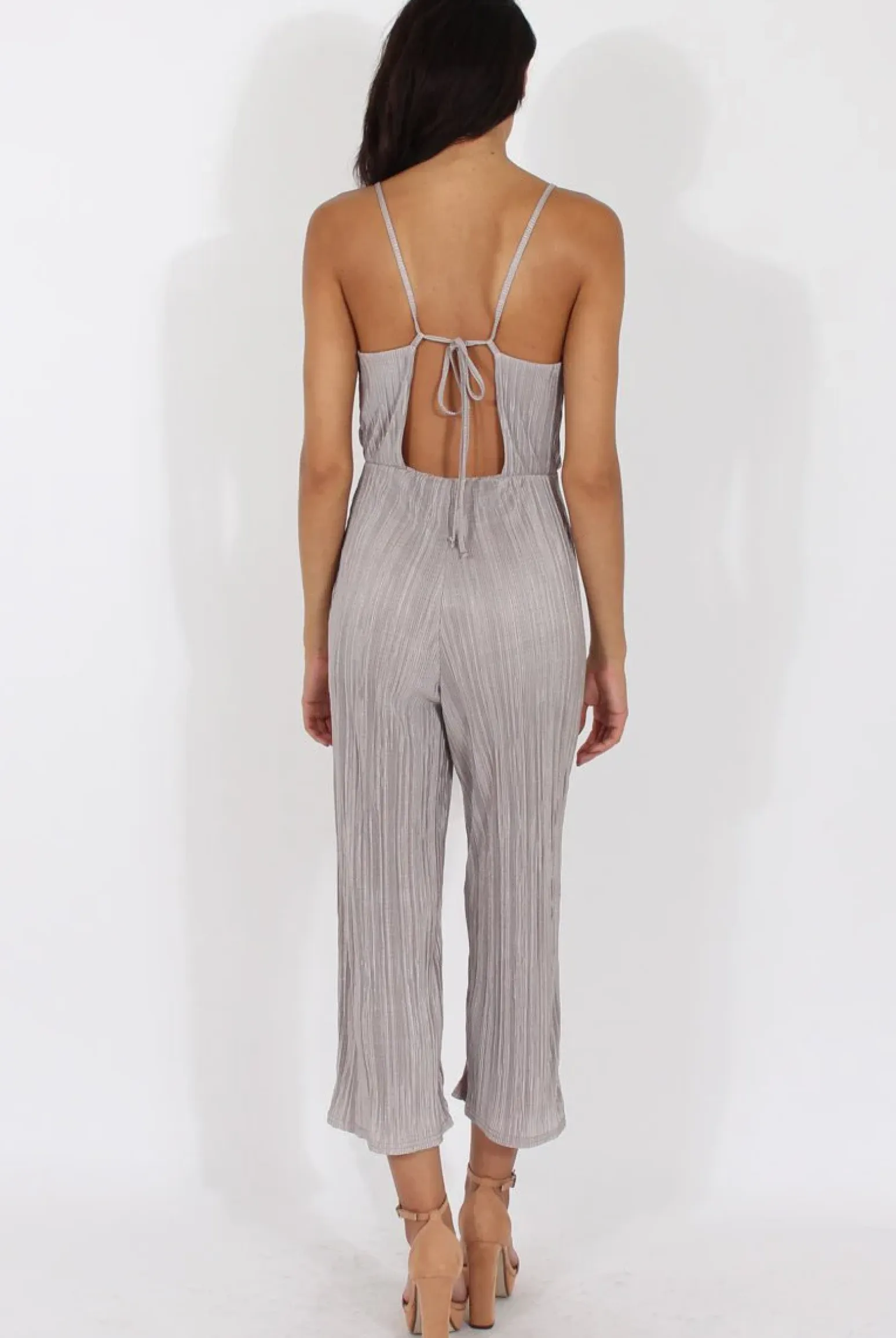 Rebellious Fashion Grey Metallic Pleated Cropped Jumpsuit - Arabella