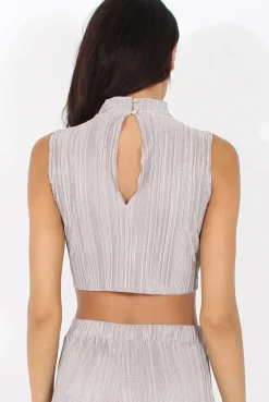 Rebellious Fashion Grey Metallic Pleated High Neck Cut Out Crop Top - Polly