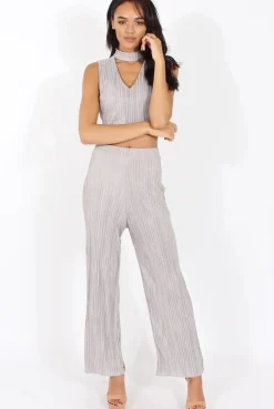 Rebellious Fashion Grey Metallic Pleated High Waisted Trousers - Phoebe