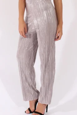 Rebellious Fashion Grey Metallic Shimmer Pleated High Waisted Trousers - Phoebe