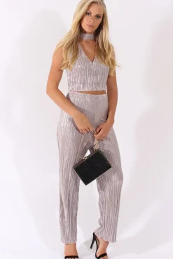 Rebellious Fashion Grey Metallic Shimmer Pleated High Neck Cut Out Crop Top - Polly