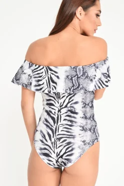 Rebellious Fashion Grey Mixed Animal Print Bardot Bodysuit - Jaye