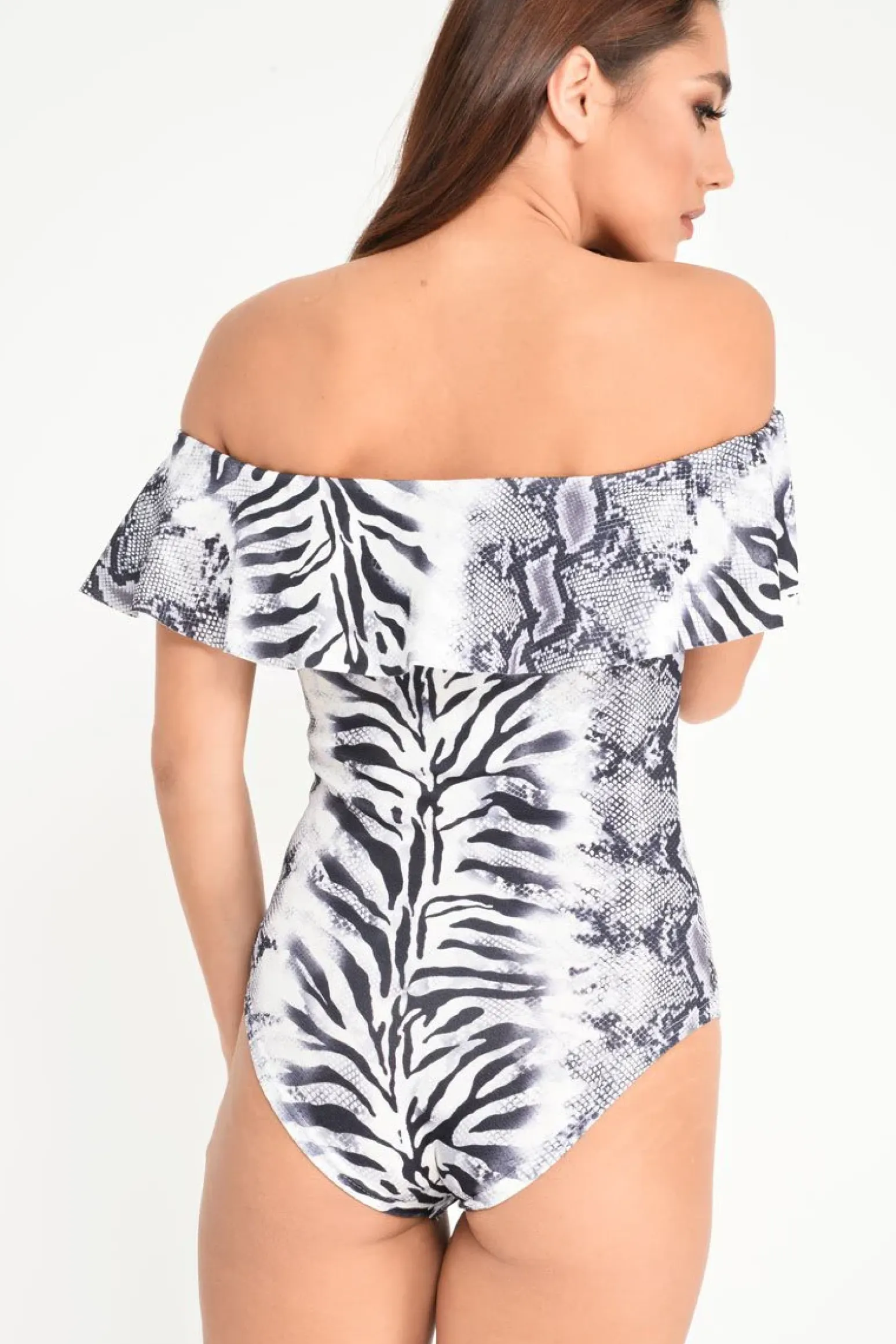 Rebellious Fashion Grey Mixed Animal Print Bardot Bodysuit - Jaye
