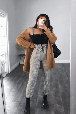 Rebellious Fashion Grey Mustard Check Tie Waist Tapered Trousers - Nikita