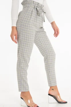 Rebellious Fashion Grey Mustard Check Tie Waist Tapered Trousers - Nikita