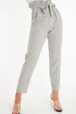 Rebellious Fashion Grey Mustard Check Tie Waist Tapered Trousers - Nikita