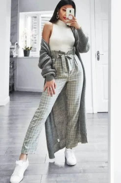 Rebellious Fashion Grey Mustard Check Tie Waist Tapered Trousers - Nikita