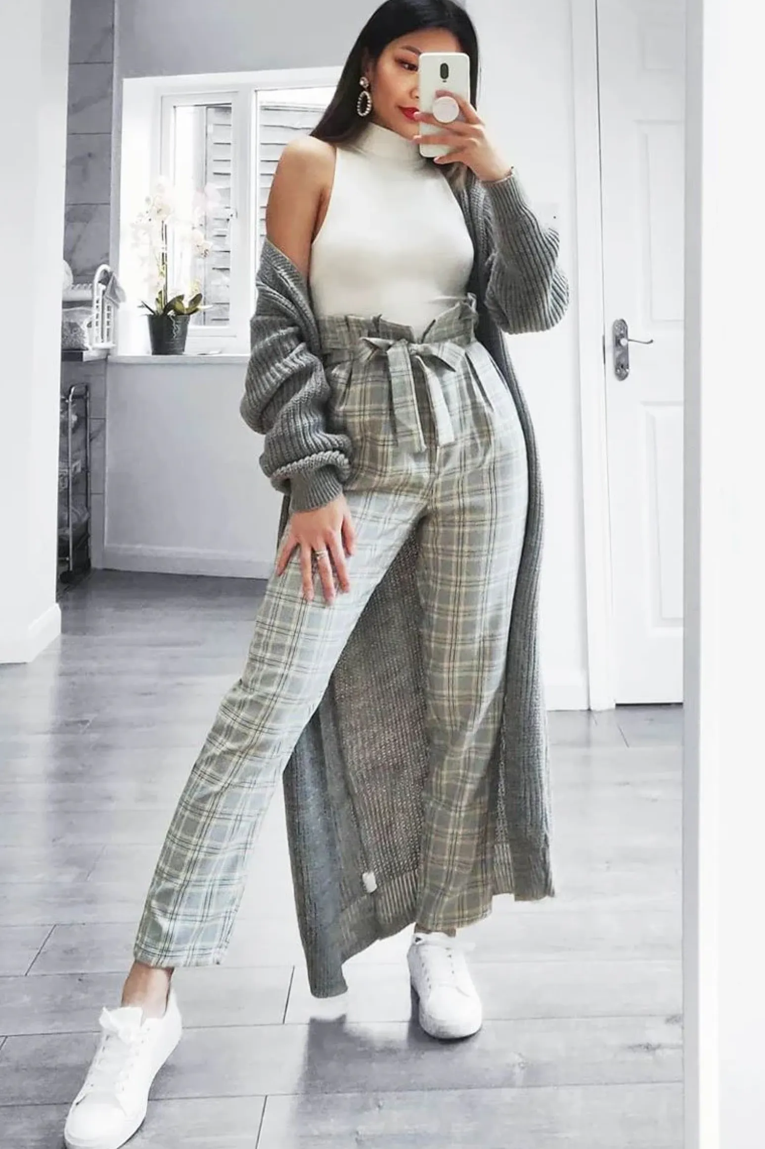 Rebellious Fashion Grey Mustard Check Tie Waist Tapered Trousers - Nikita