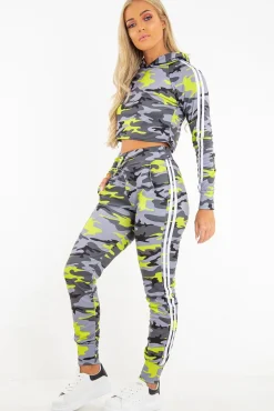 Rebellious Fashion Grey Neon Camo Stripe Side Crop Tracksuit - Misha