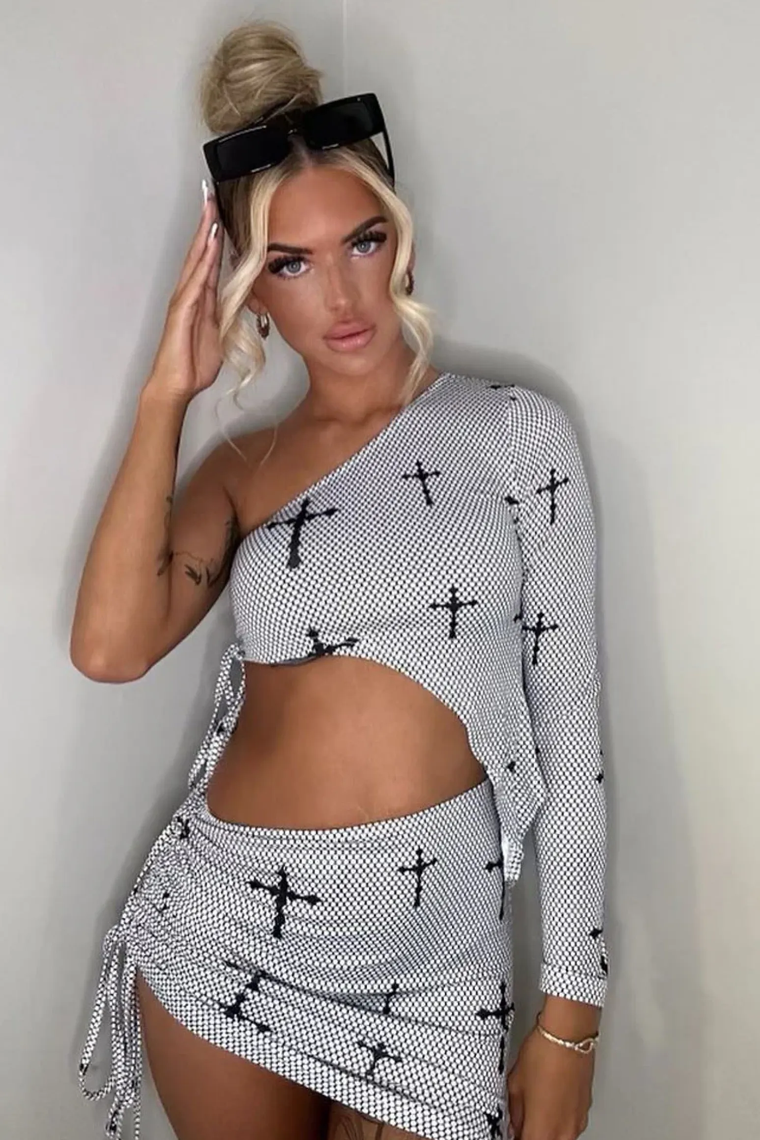 Rebellious Fashion Grey One Sleeve Cross Print Side Asymmetric Top & Mini Skirt Set - Paloma