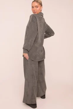 Rebellious Fashion Grey Oversized Button Up Shirt & Straight Leg Trouser Co-ord Set - Rosalie