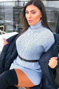 Rebellious Fashion Grey Oversized Knitted Turtle Neck Jumper Dress - Freyah
