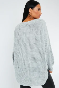 Rebellious Fashion Grey Oversized Knit V Neck Sweater - Evelyn