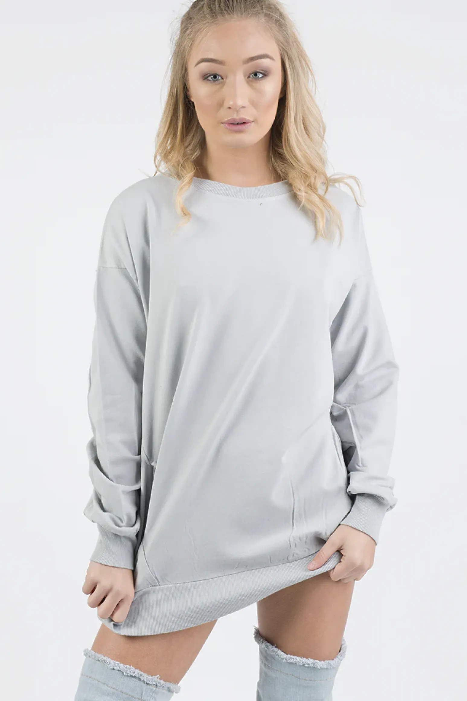 Rebellious Fashion Grey Oversized Ruched Sleeve Jumper Dress - Hayley