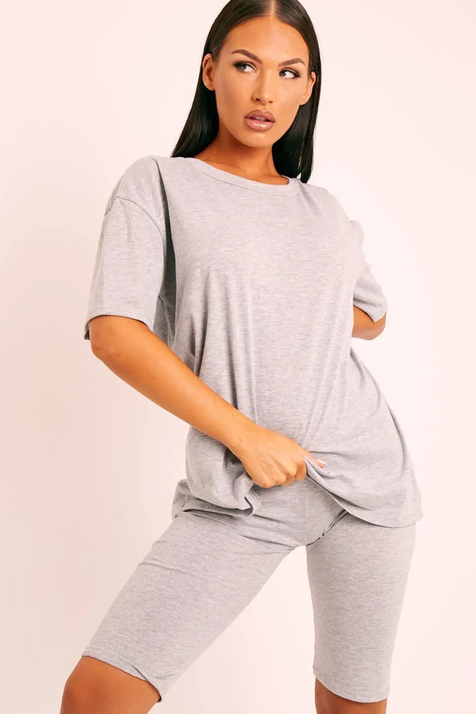 Rebellious Fashion Grey Oversized T-shirt Cycling Shorts Co-ord - Bethanny