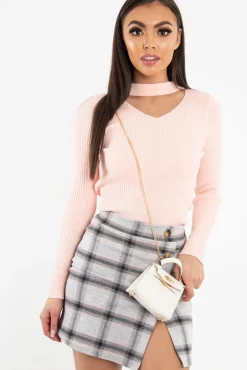 Rebellious Fashion Grey Pink Check Scuba Mini Skirt - Leisa