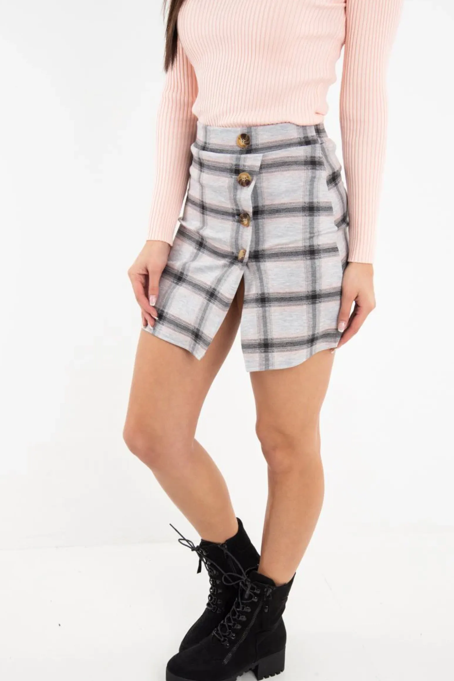 Rebellious Fashion Grey Pink Check Scuba Mini Skirt - Leisa