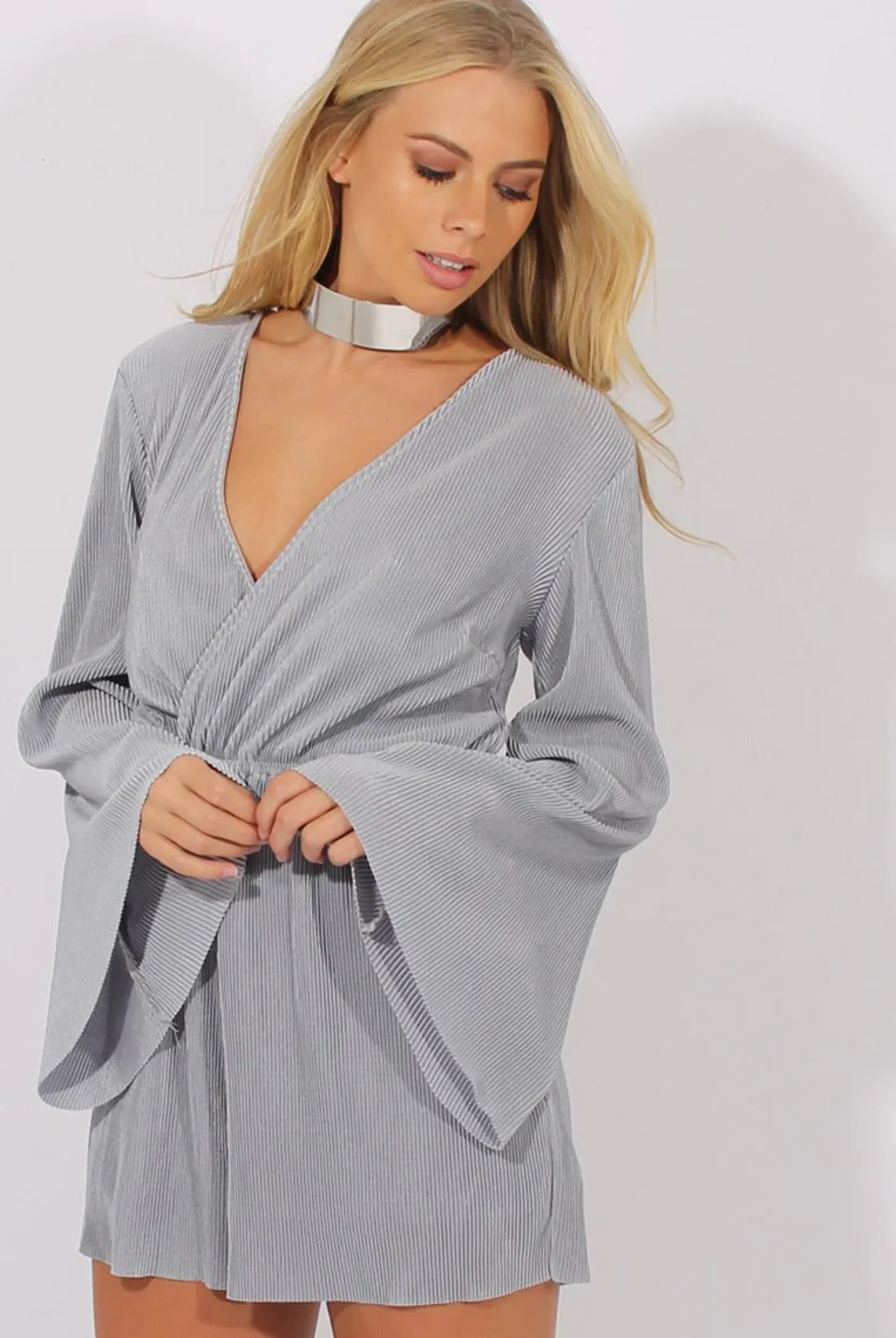 Rebellious Fashion Grey Pleated Flared Sleeve Playsuit - Amity