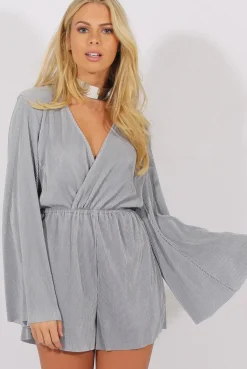 Rebellious Fashion Grey Pleated Flared Sleeve Playsuit - Amity
