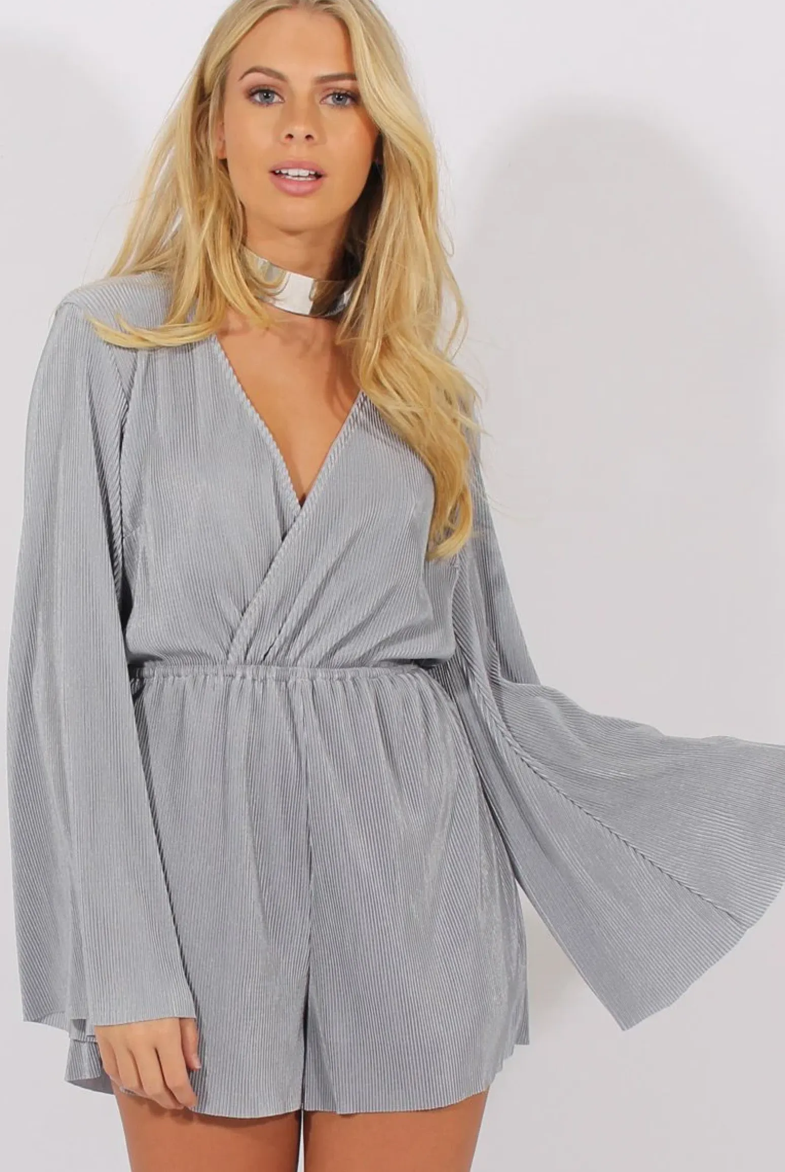Rebellious Fashion Grey Pleated Flared Sleeve Playsuit - Amity