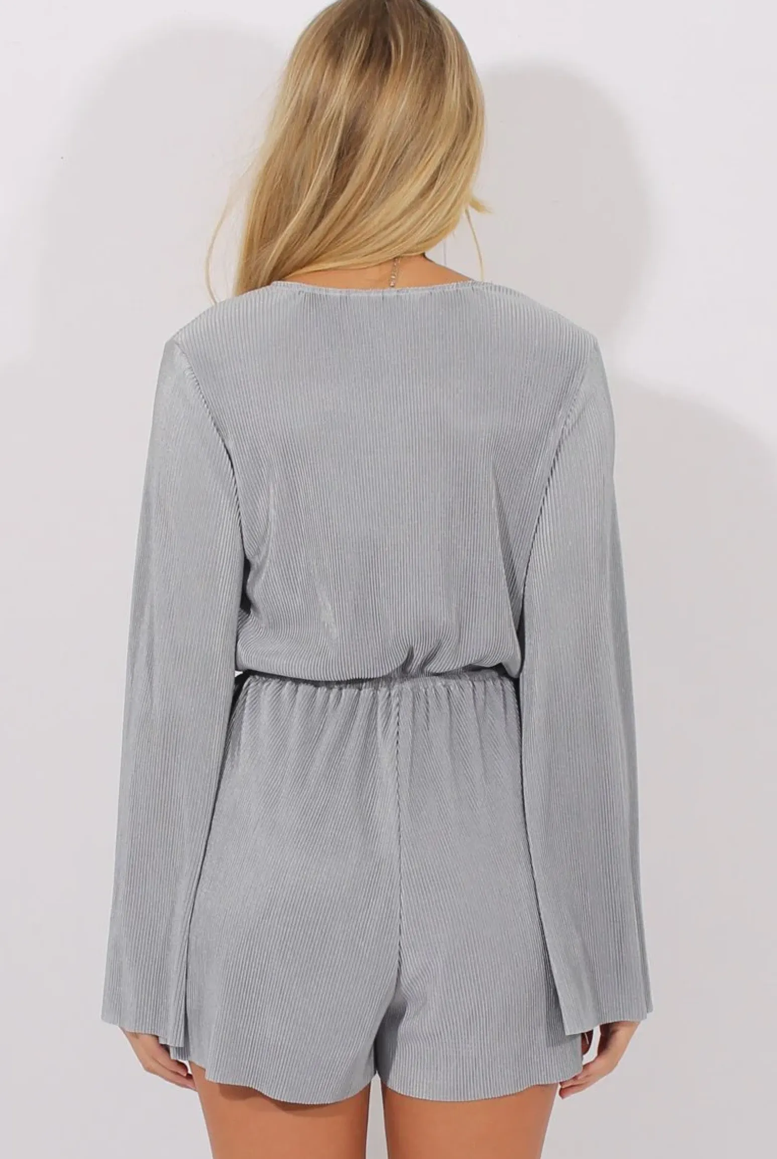 Rebellious Fashion Grey Pleated Flared Sleeve Playsuit - Amity