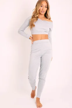 Rebellious Fashion Grey Plunge Neck Cropped Loungewear Co-ord Set - Darcie